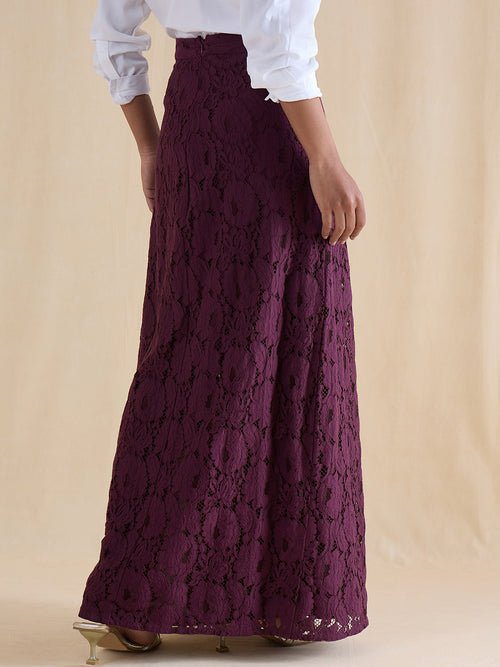 Wine Lace Slit Detail Maxi Skirt