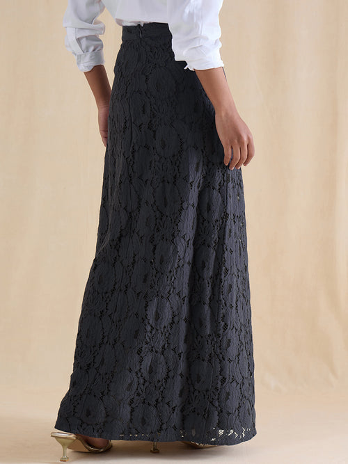 Navy Lace Slit Detail Maxi Skirt