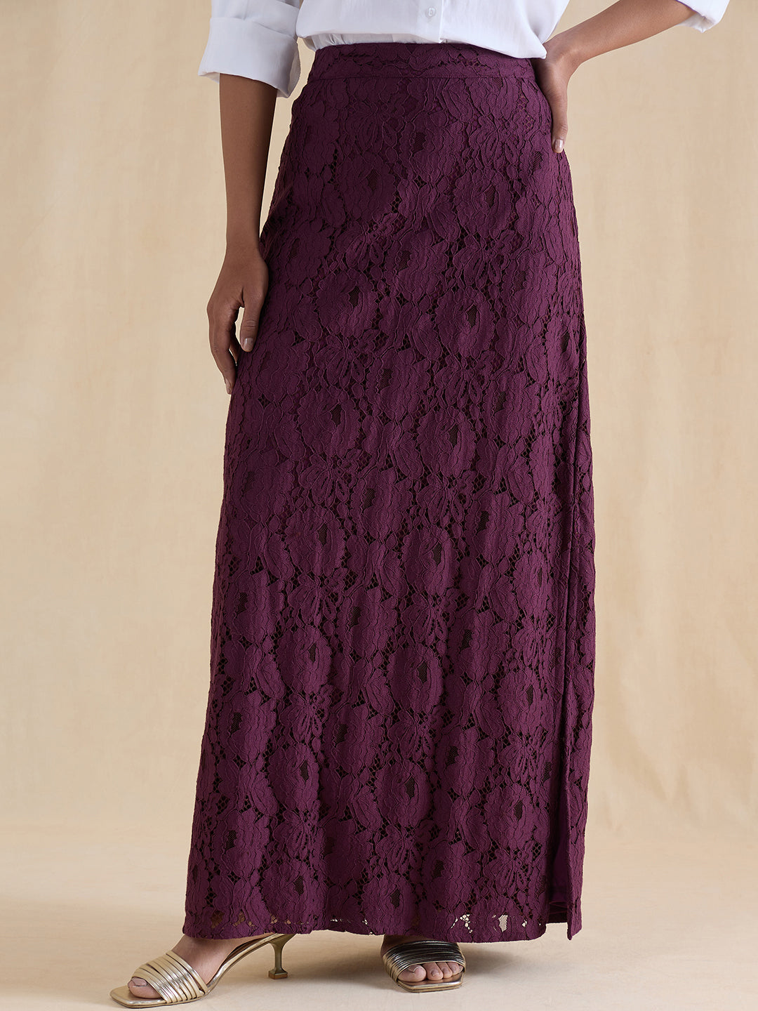 Wine Lace Slit Detail Maxi Skirt