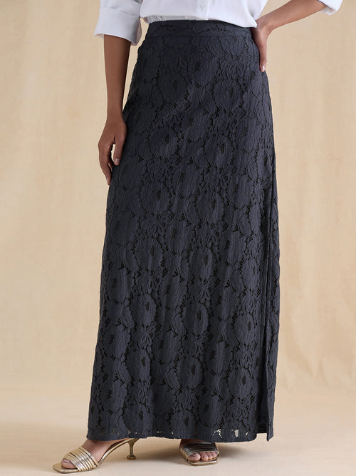 Navy Lace Slit Detail Maxi Skirt