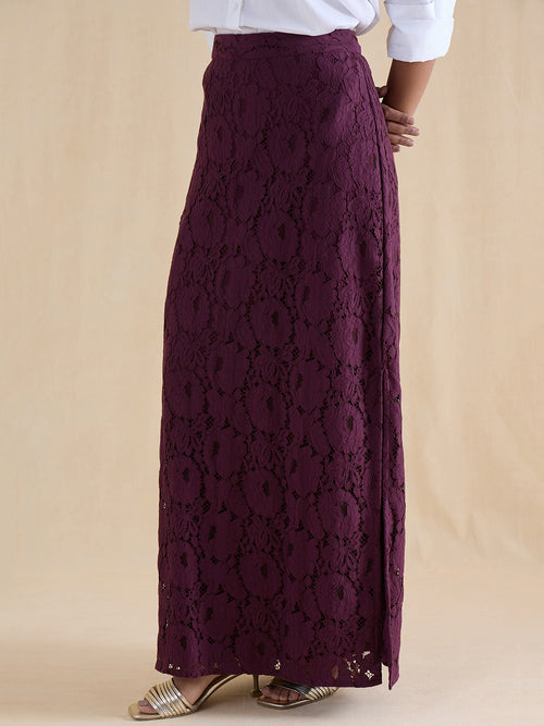 Wine Lace Slit Detail Maxi Skirt