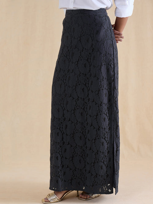 Navy Lace Slit Detail Maxi Skirt