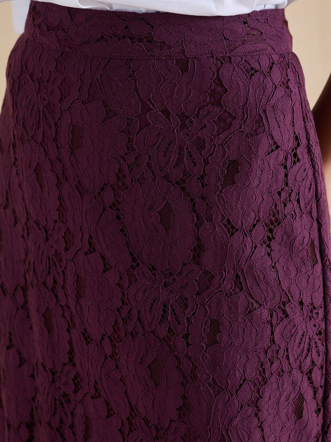 Wine Lace Slit Detail Maxi Skirt