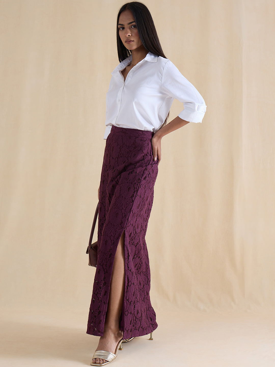 Wine Lace Slit Detail Maxi Skirt