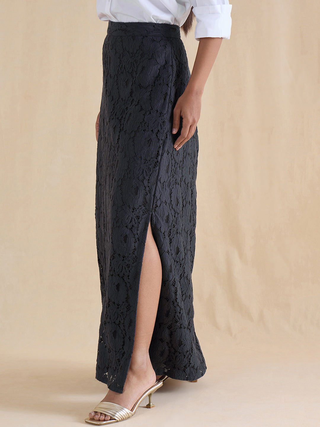 Navy Lace Slit Detail Maxi Skirt