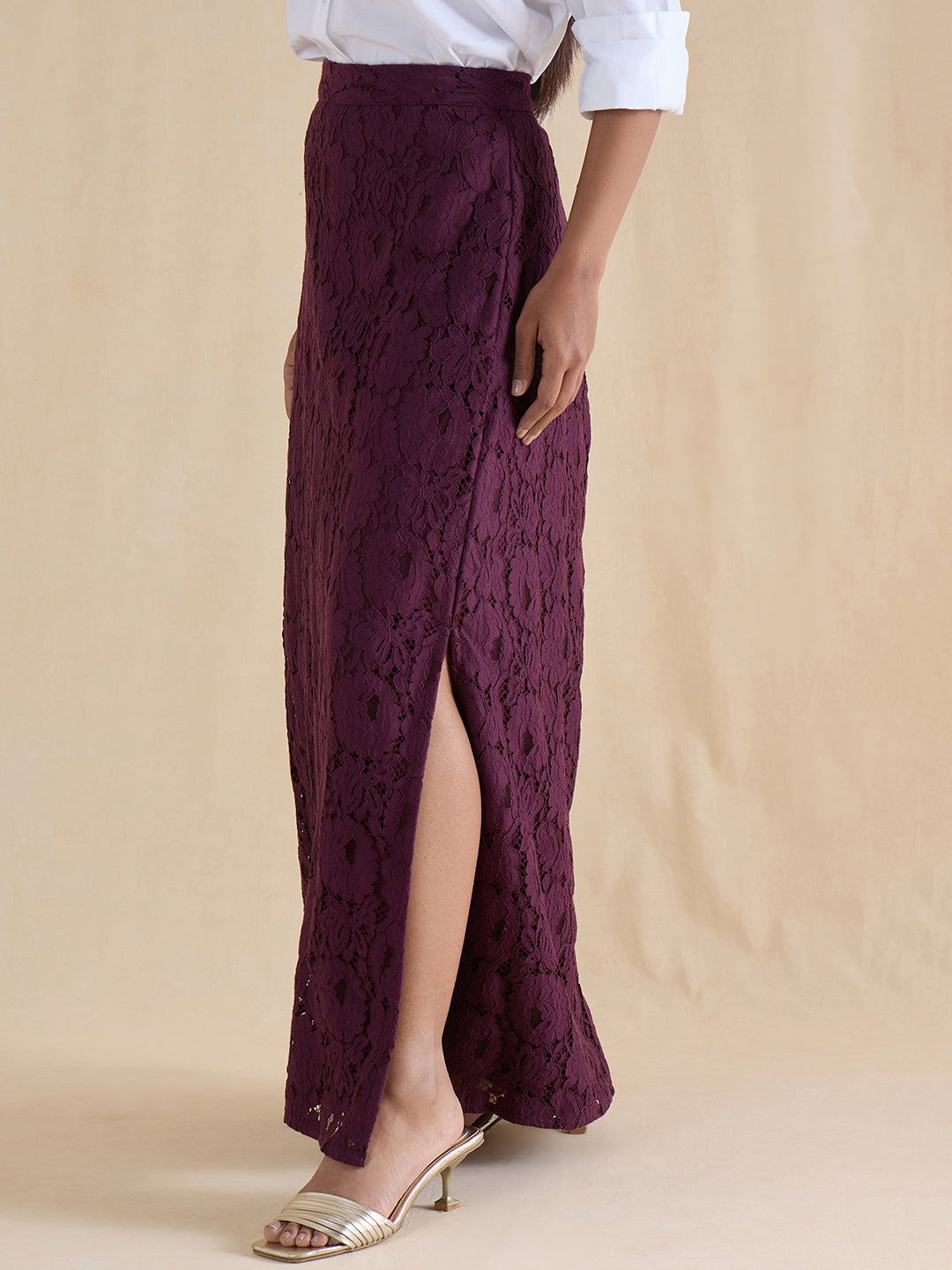 Wine Lace Slit Detail Maxi Skirt