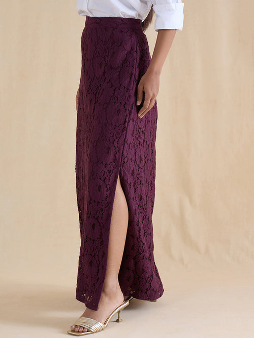 Wine Lace Slit Detail Maxi Skirt