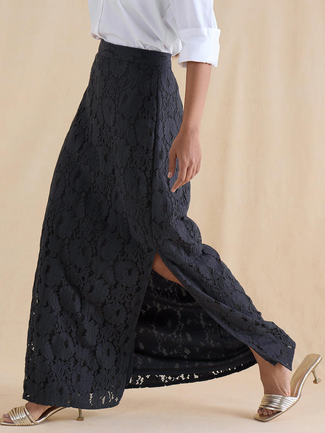 Navy Lace Slit Detail Maxi Skirt