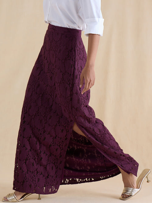 Wine Lace Slit Detail Maxi Skirt