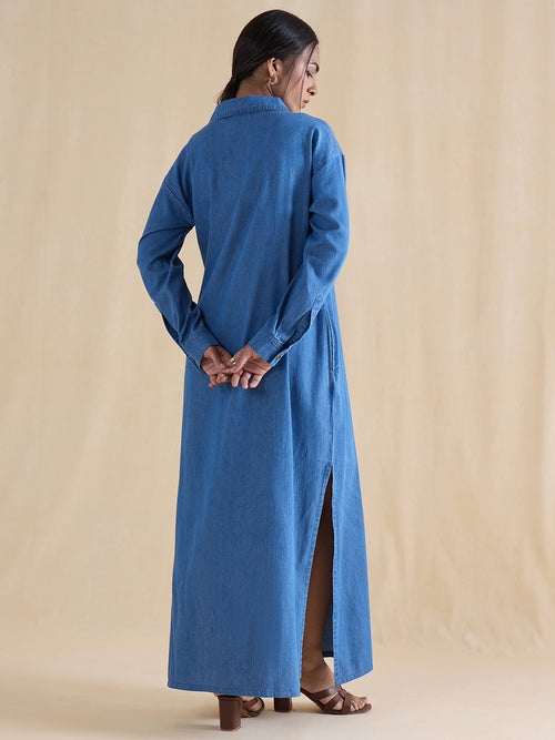Mid Blue Slit Detail Denim Maxi Dress