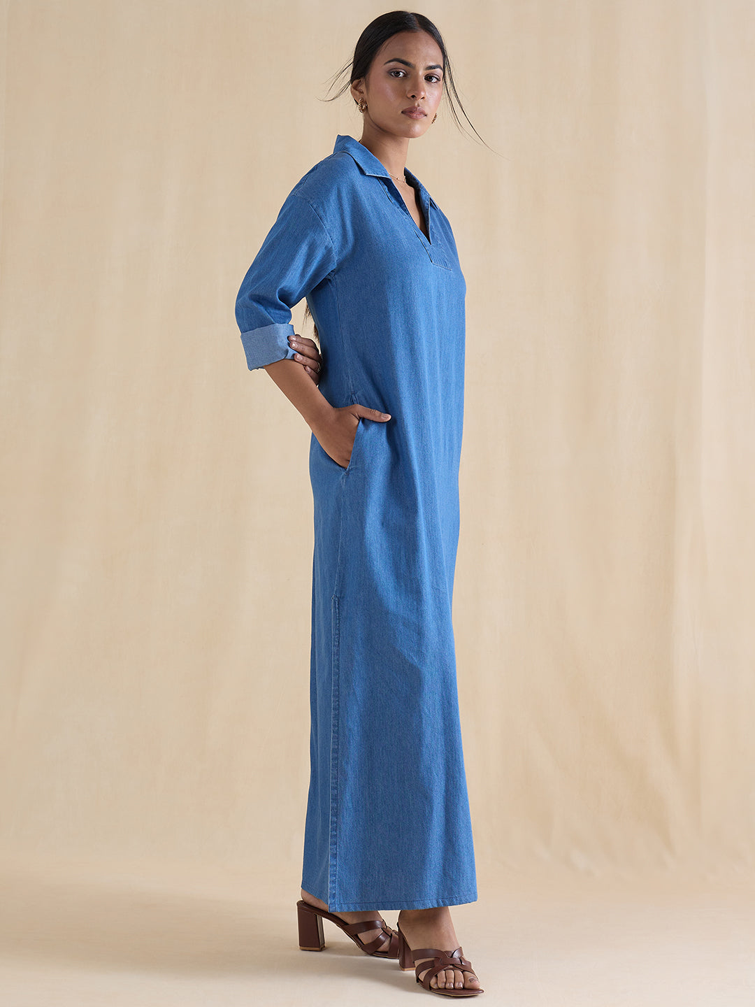 Mid Blue Slit Detail Denim Maxi Dress