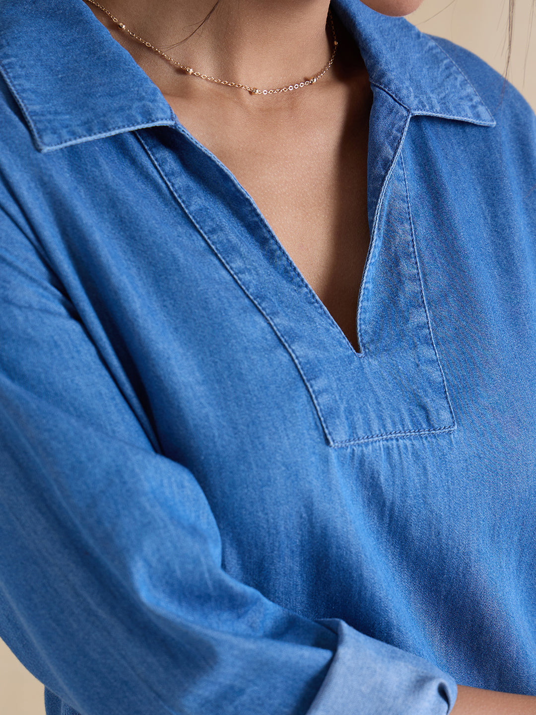 Mid Blue Slit Detail Denim Maxi Dress