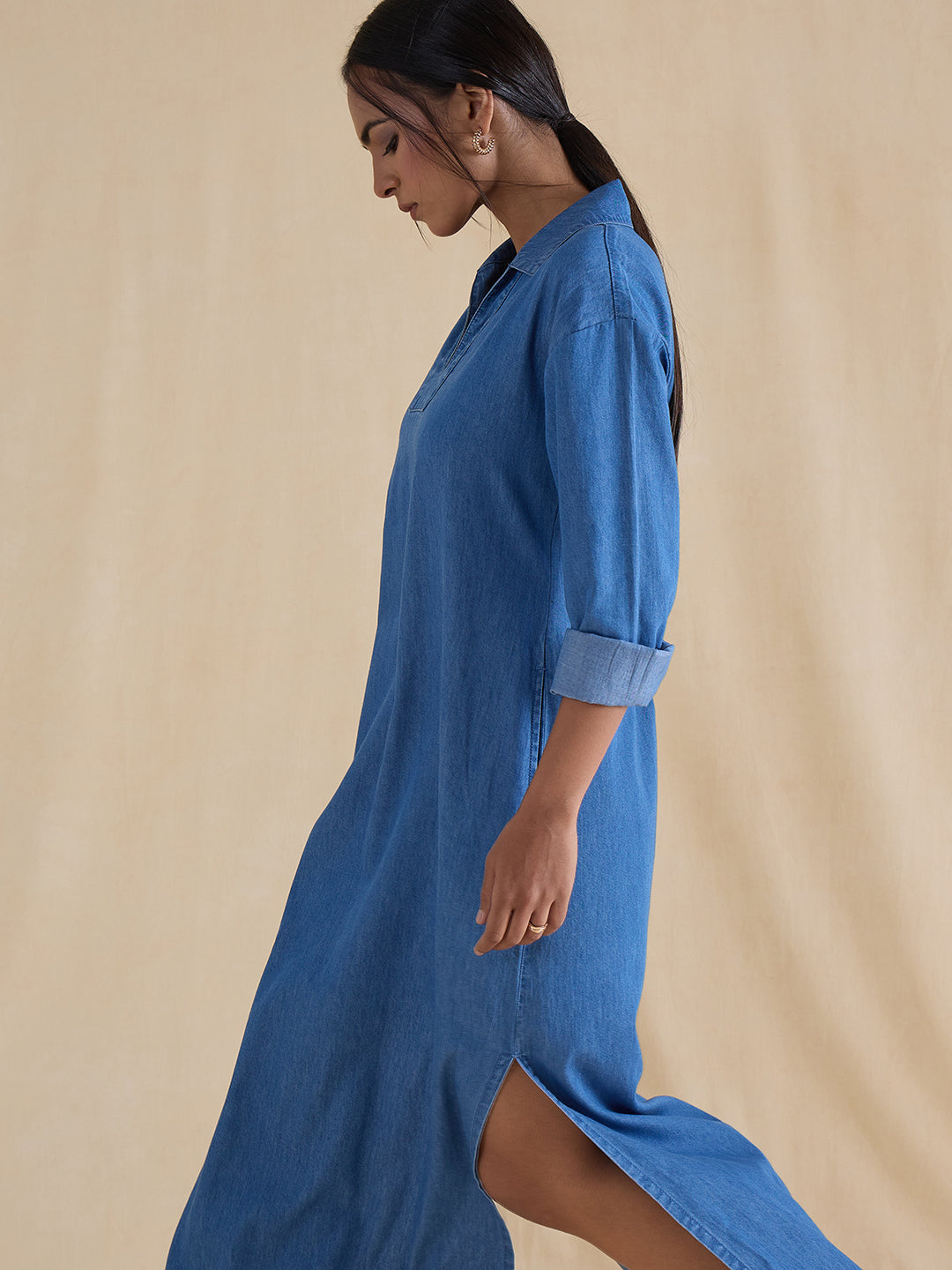 Mid Blue Slit Detail Denim Maxi Dress