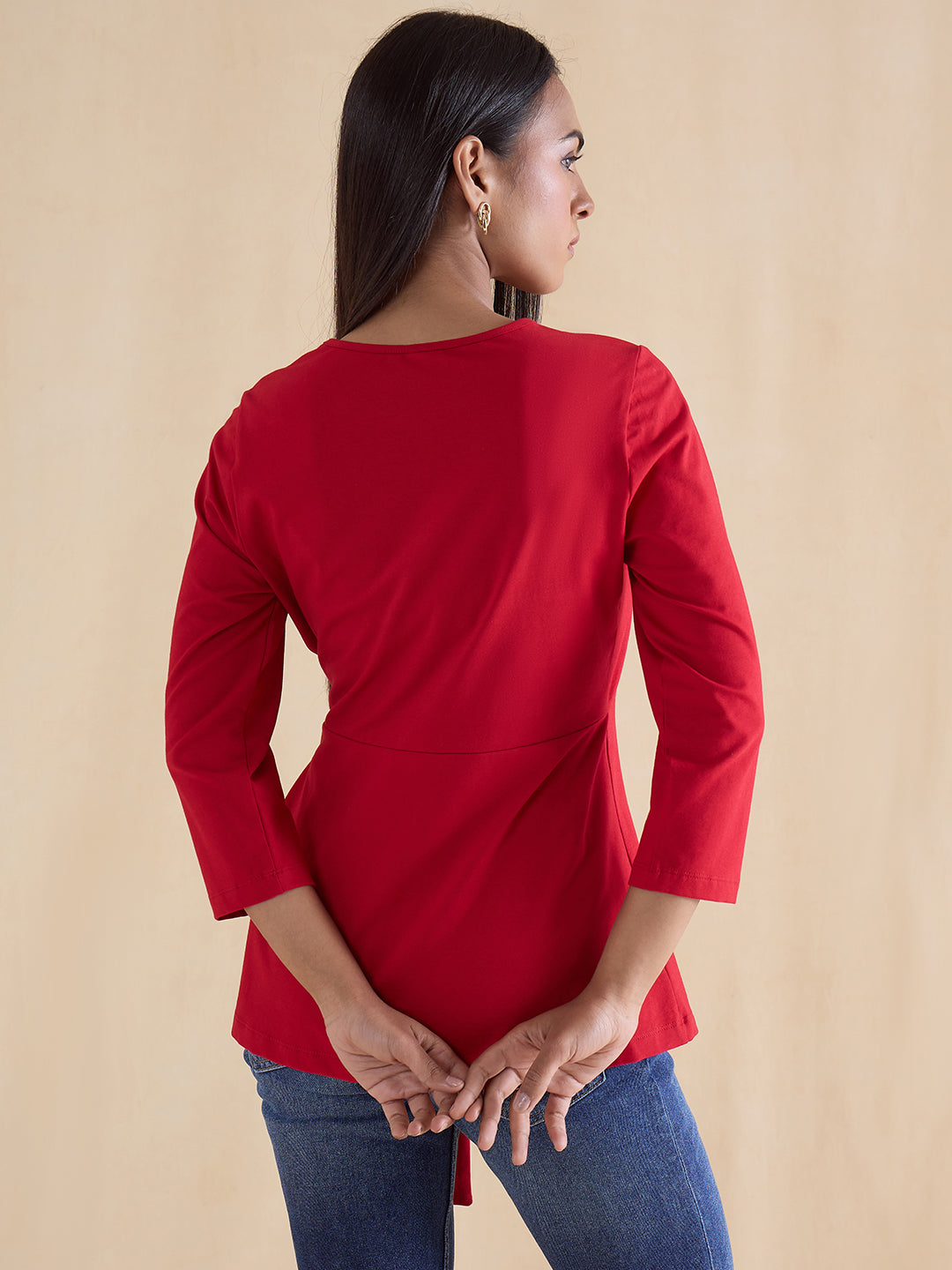 Red Cotton Knit Tie-Up Top