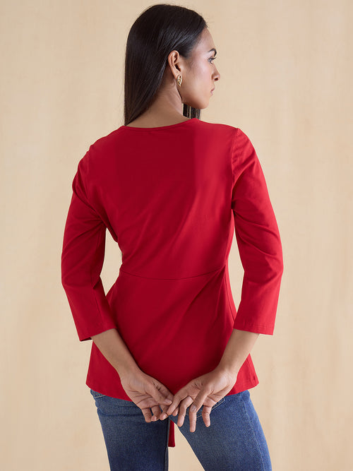 Red Cotton Knit Tie-Up Top