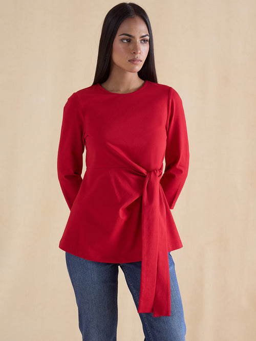 Red Cotton Knit Tie-Up Top