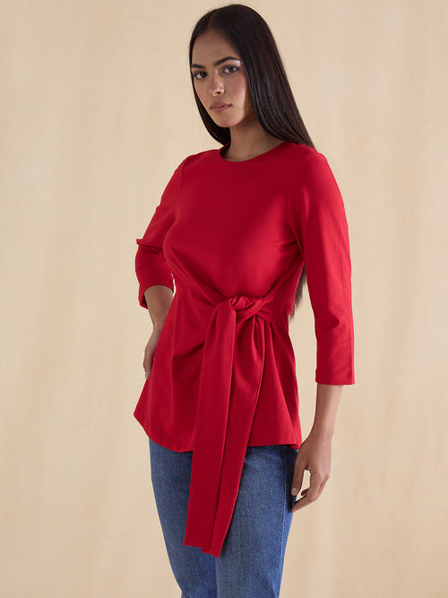 Red Cotton Knit Tie-Up Top