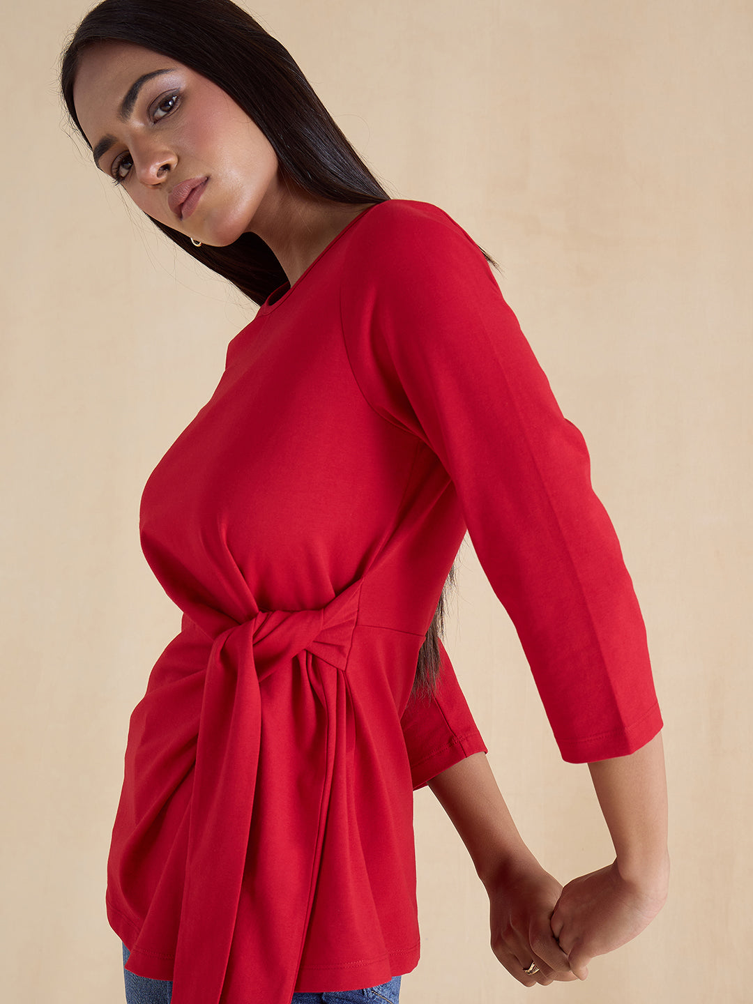 Red Cotton Knit Tie-Up Top