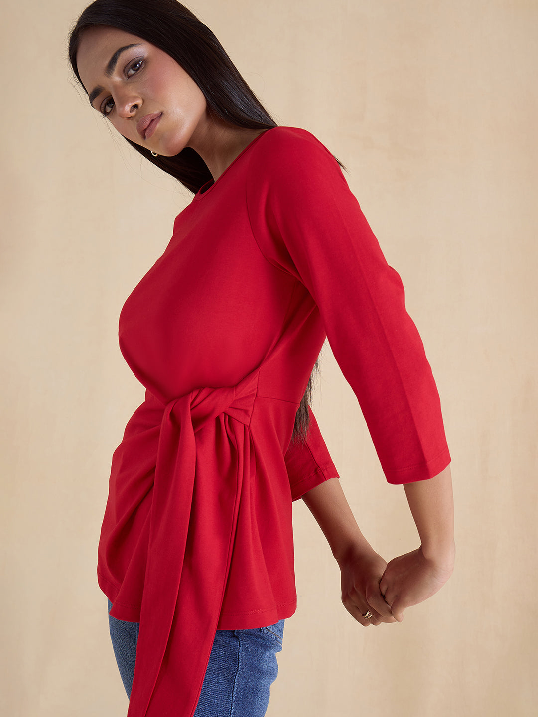 Red Cotton Knit Tie-Up Top