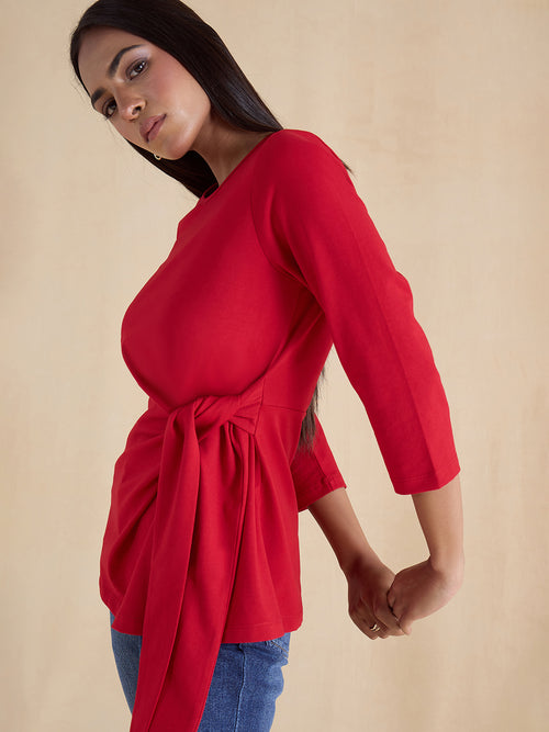 Red Cotton Knit Tie-Up Top