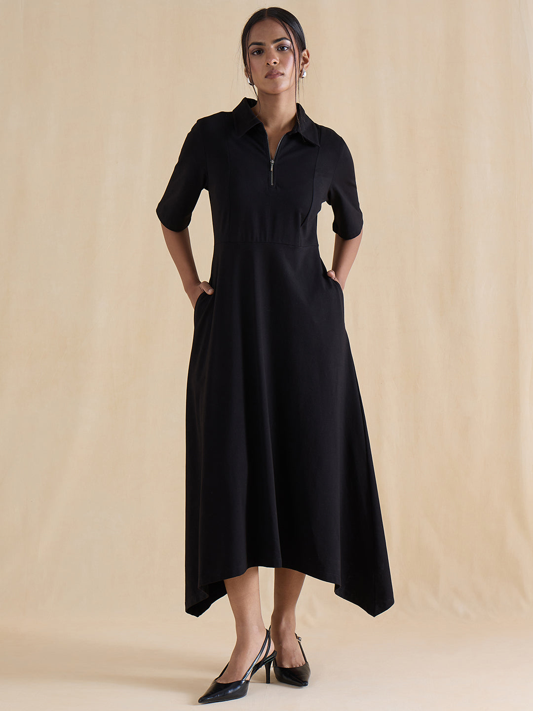 black-cotton-knit-half-zip-up-midi-dress-fk-7152