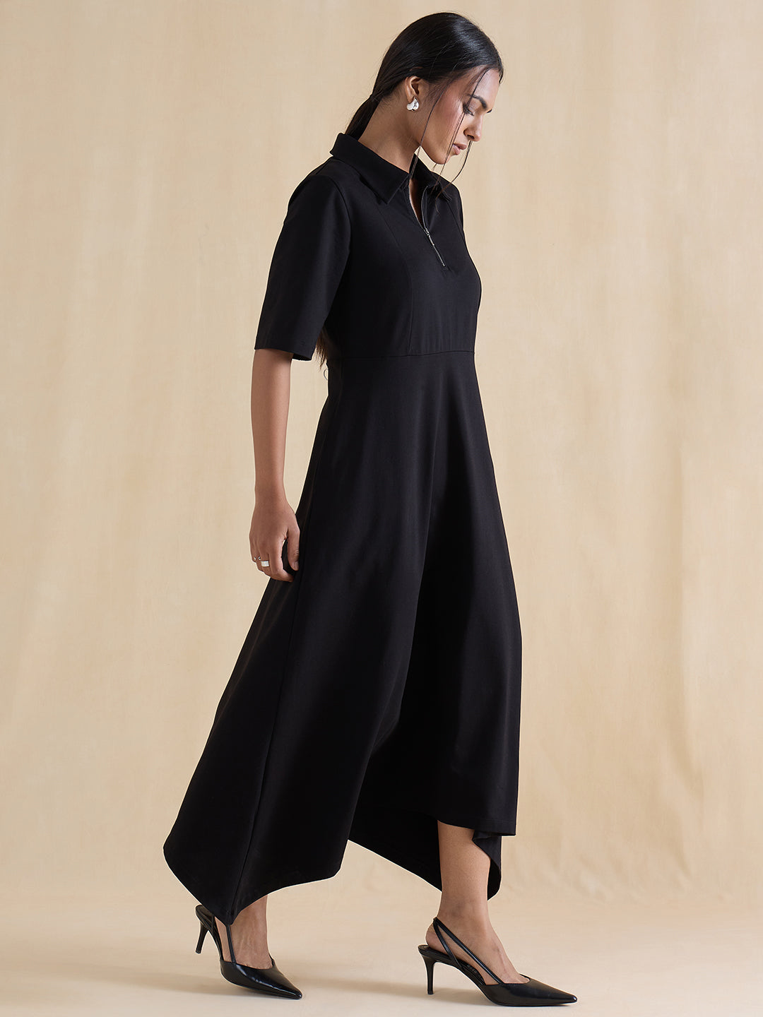 black-cotton-knit-half-zip-up-midi-dress-fk-7152