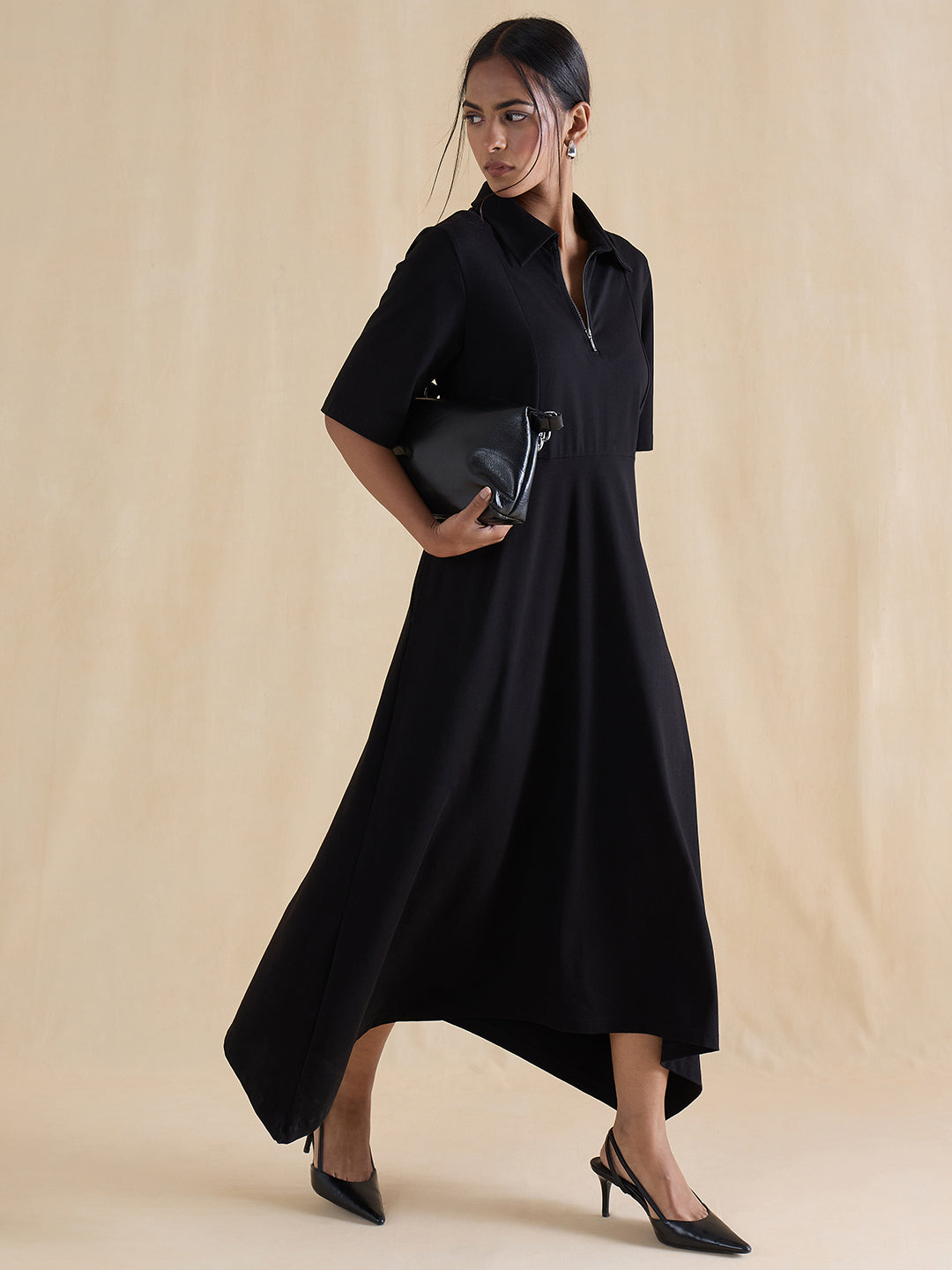 black-cotton-knit-half-zip-up-midi-dress-fk-7152