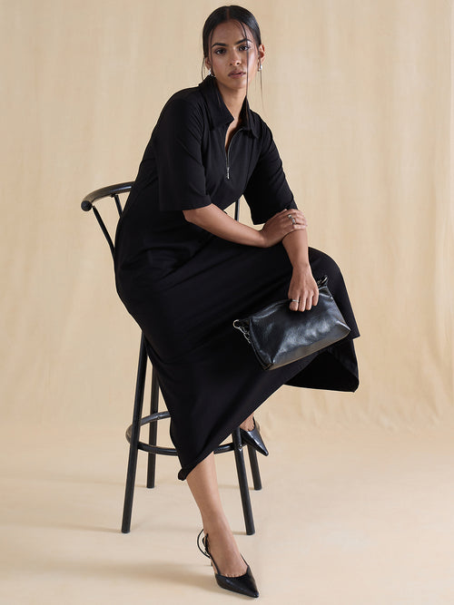 black-cotton-knit-half-zip-up-midi-dress-fk-7152