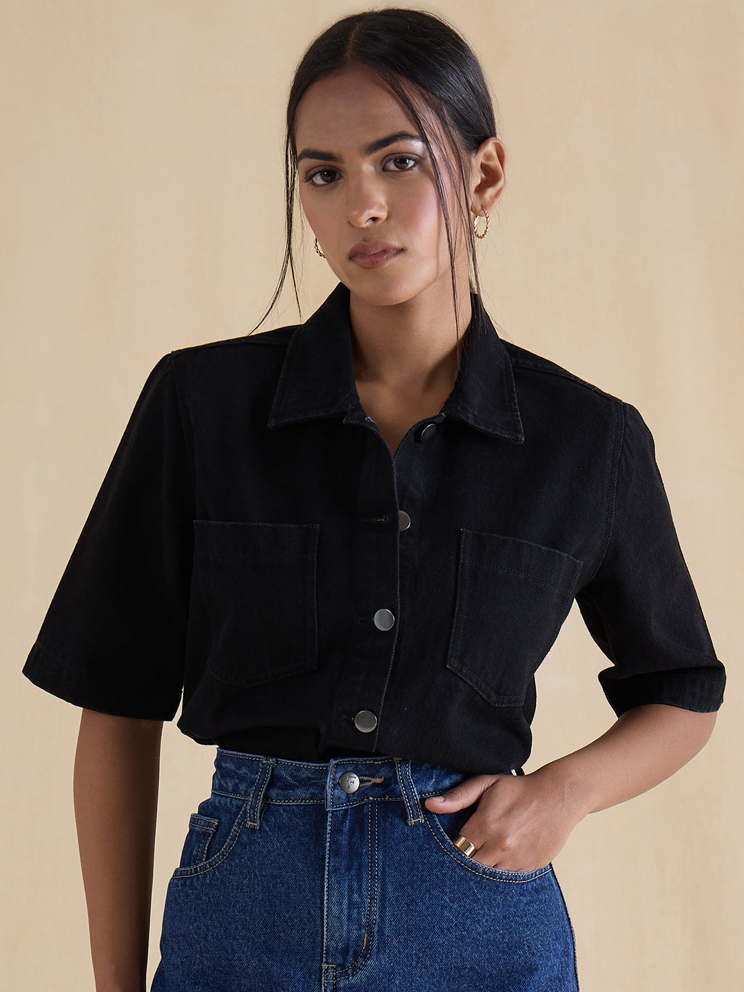 DenimClassic Black Half Sleeves Shirt