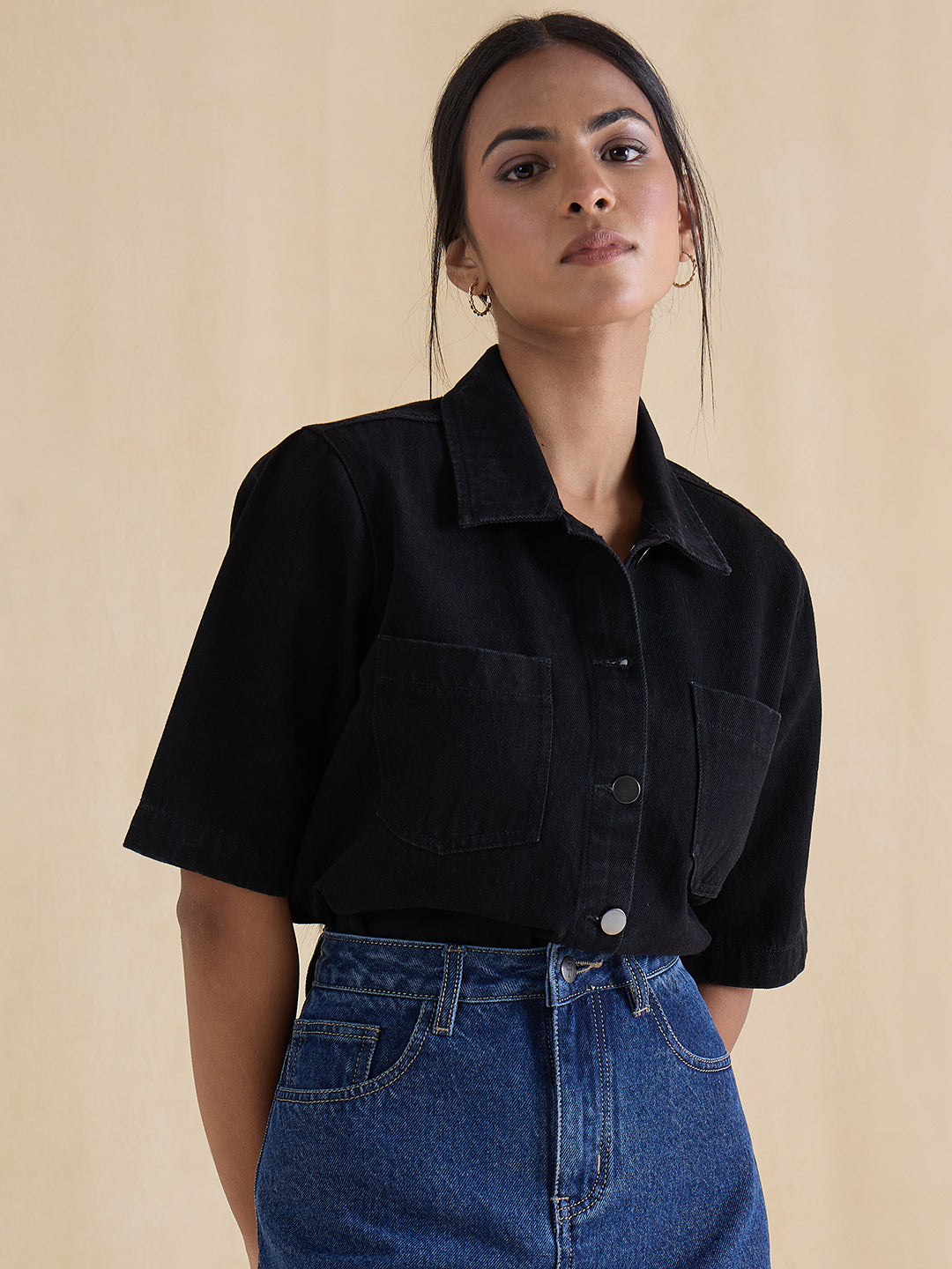 DenimClassic Black Half Sleeves Shirt