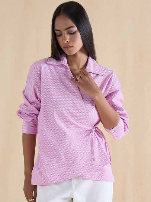 Pink Stripe Asymmetric Wrap Top
