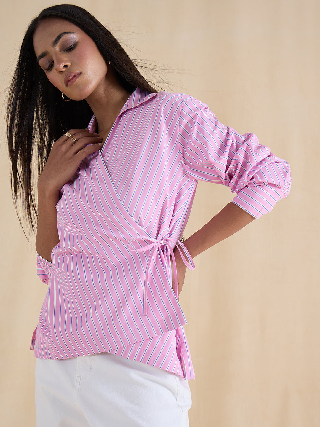 Pink Stripe Asymmetric Wrap Top