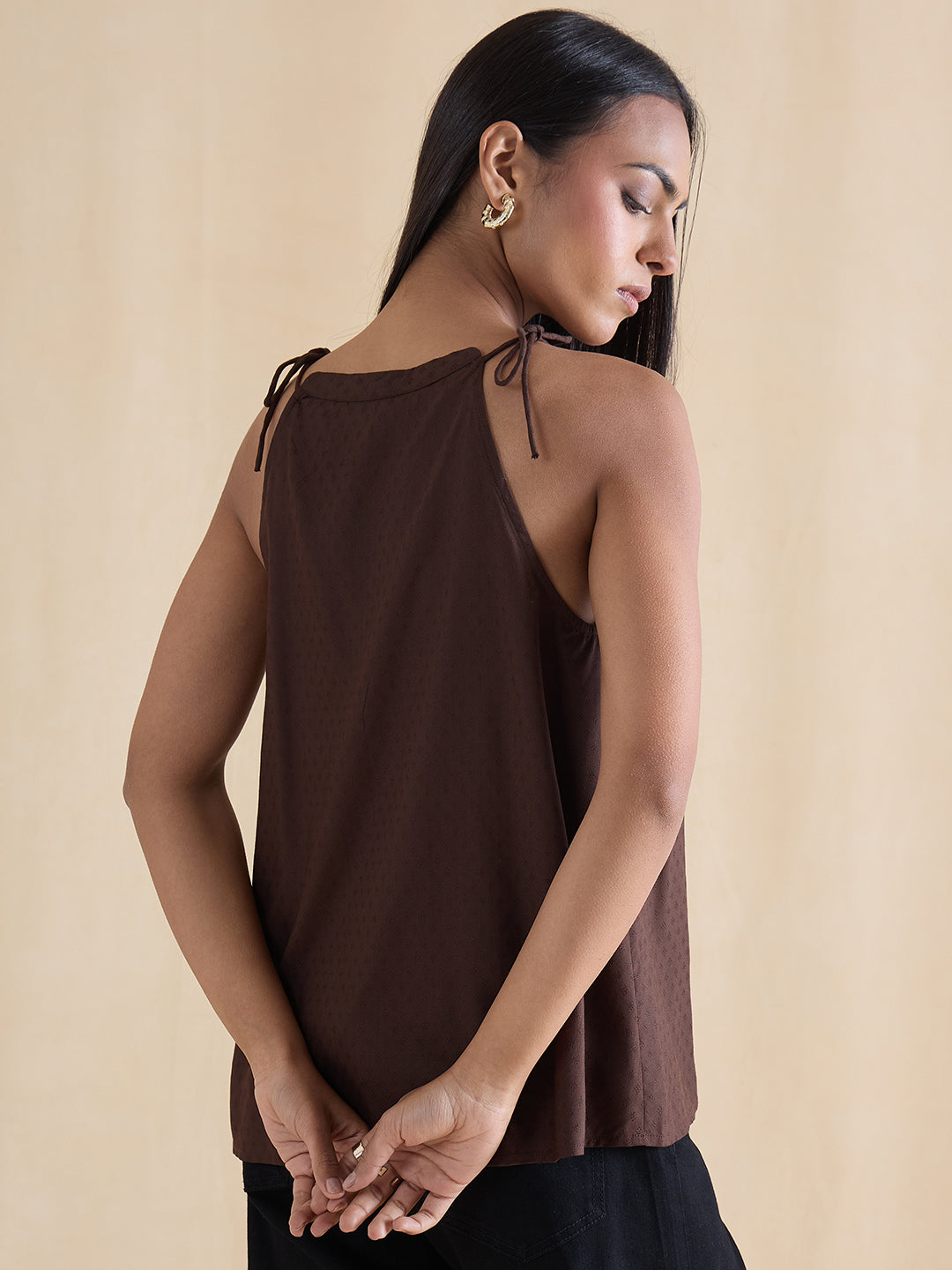 Coffee Brown Tie Up Collar Top