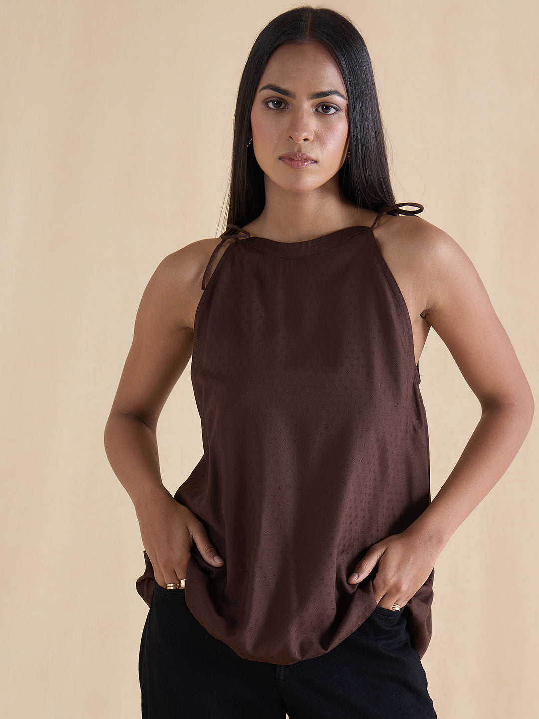 Coffee Brown Tie Up Collar Top