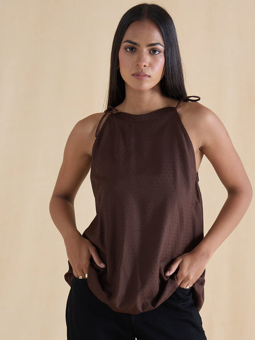 Coffee Brown Tie Up Collar Top