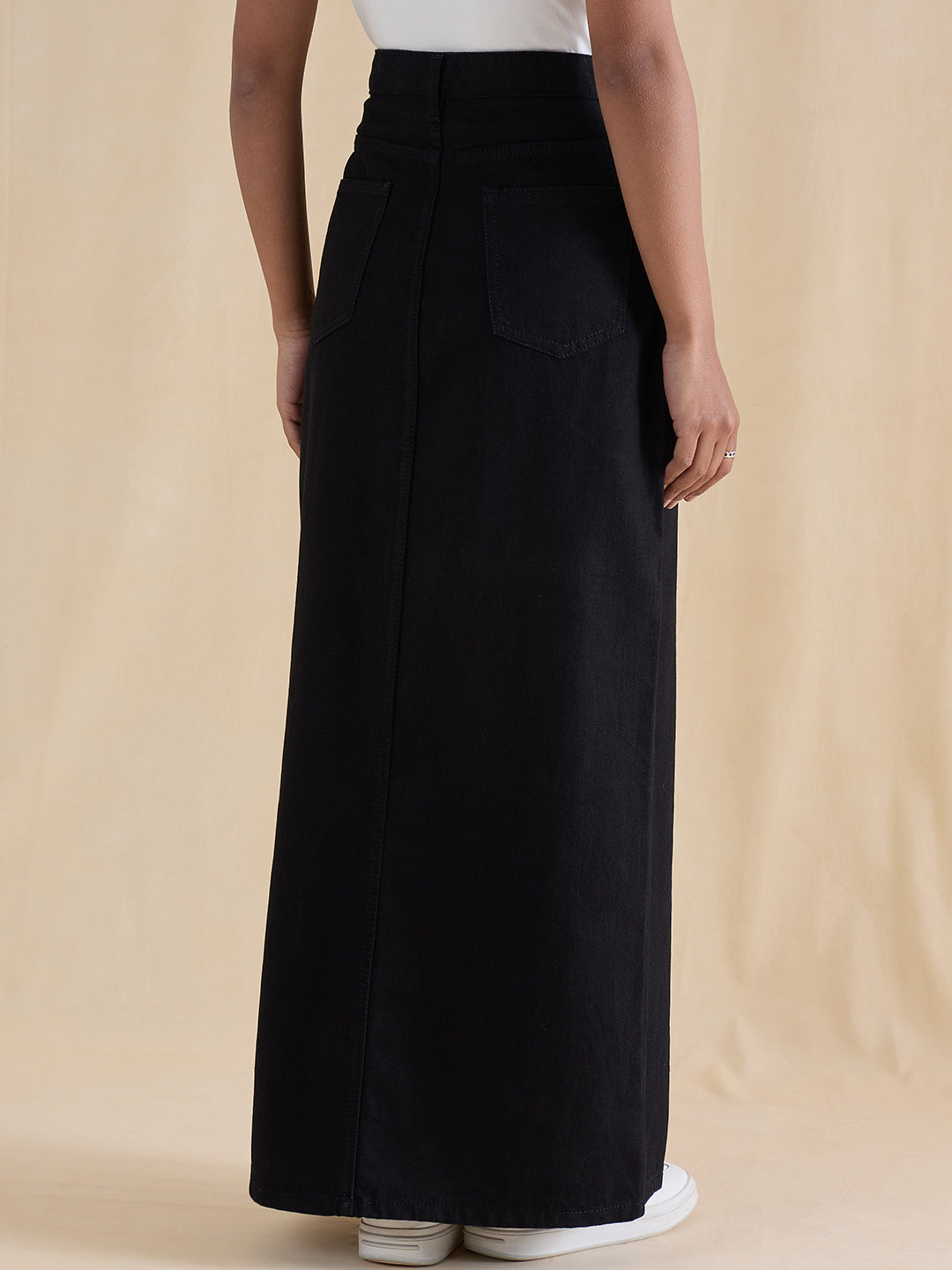 Black Denim Front Slit Maxi Skirt