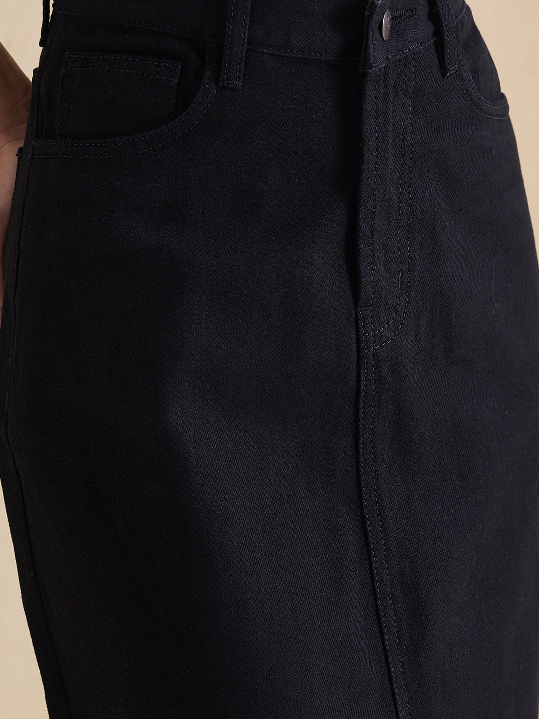 Black Denim Front Slit Maxi Skirt