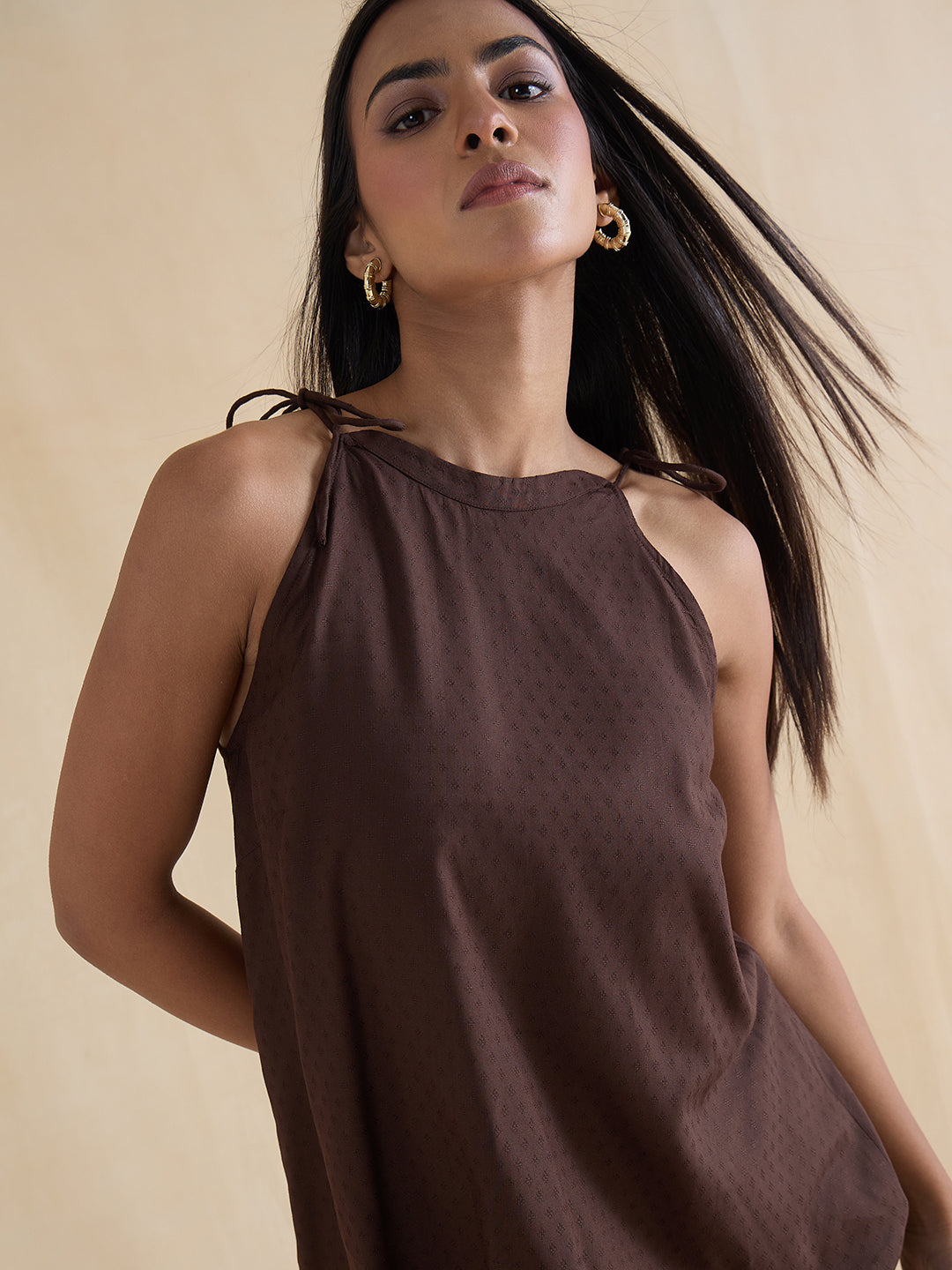 Coffee Brown Tie Up Collar Top