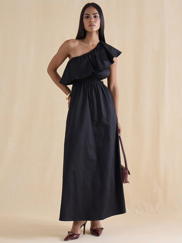 black applique detail one shoulder cut out maxi dress Black One Shoulder Cut Out Maxi Dress