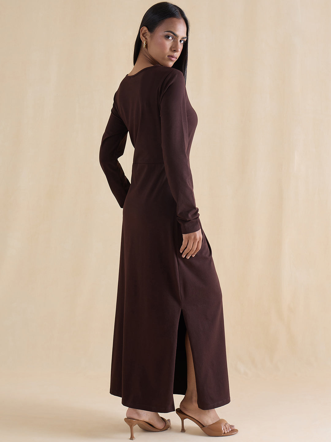 Coffee Brown Cotton Knit Tie-Up Maxi Dress