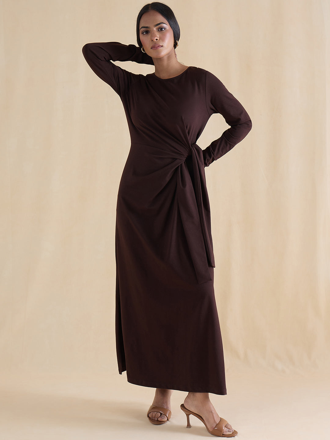 Coffee Brown Cotton Knit Tie-Up Maxi Dress