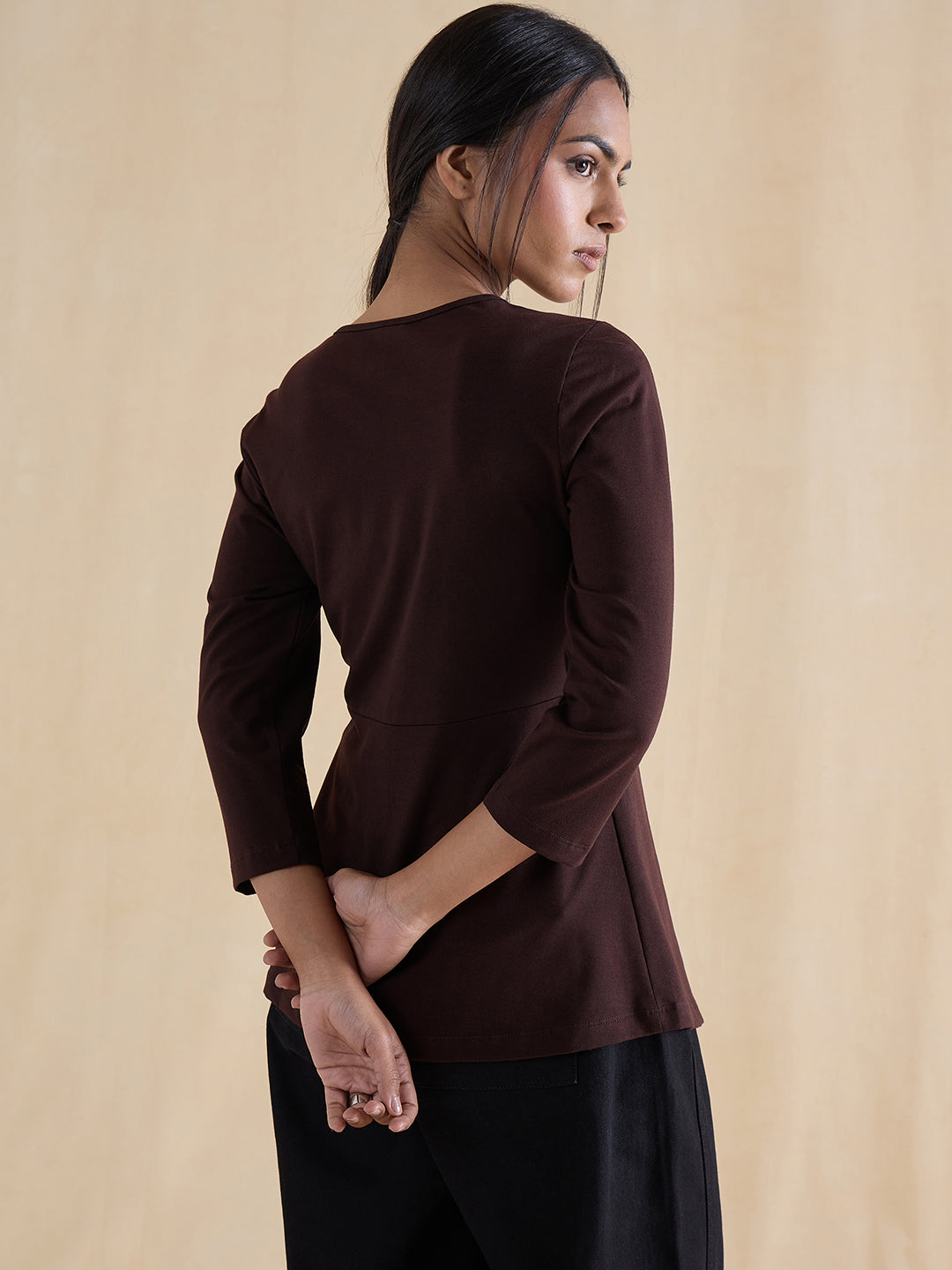 Coffee Brown Cotton Knit Tie-Up Top