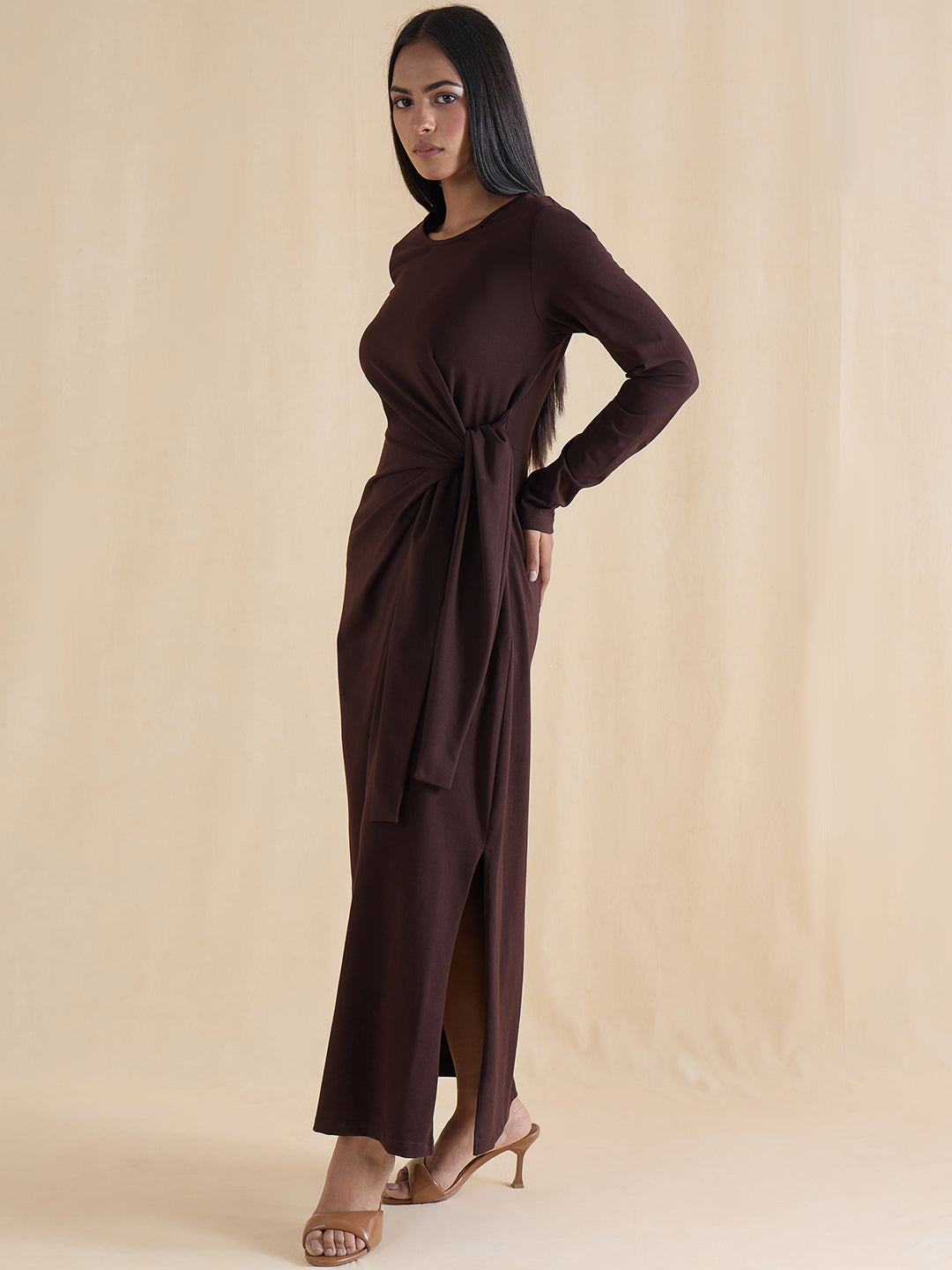 Coffee Brown Cotton Knit Tie-Up Maxi Dress