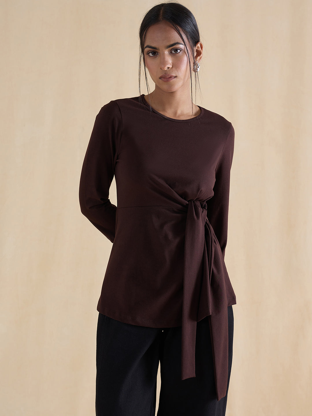 Coffee Brown Cotton Knit Tie-Up Top