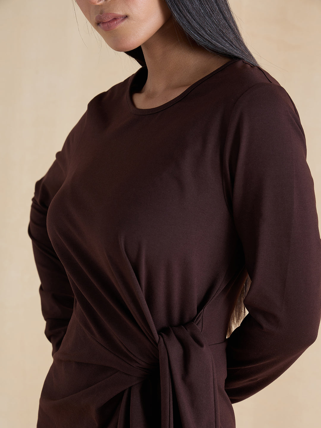 Coffee Brown Cotton Knit Tie-Up Maxi Dress