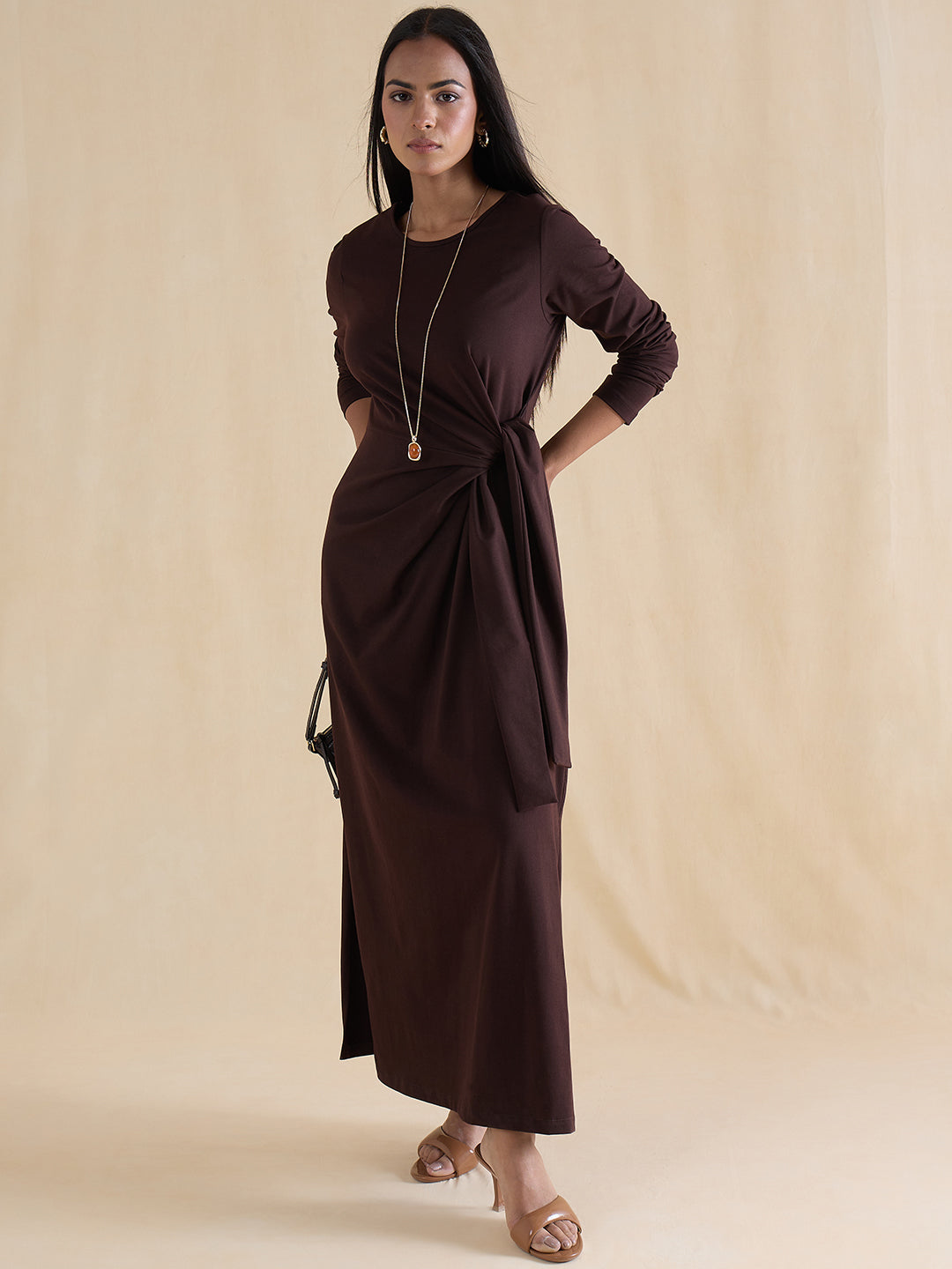 Coffee Brown Cotton Knit Tie-Up Maxi Dress