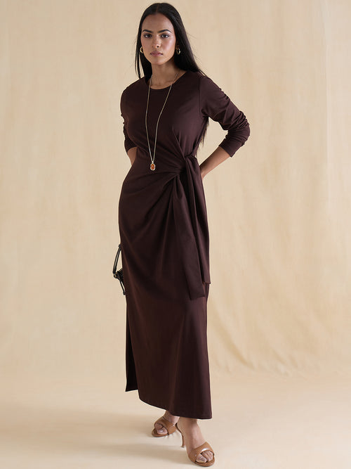 Coffee Brown Cotton Knit Tie-Up Maxi Dress