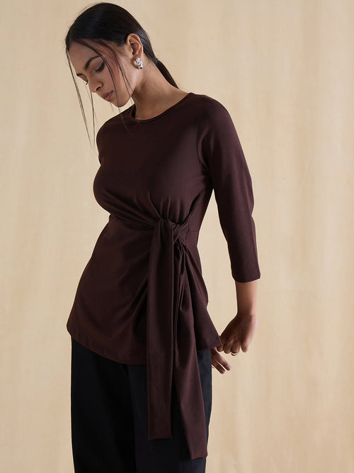 Coffee Brown Cotton Knit Tie-Up Top