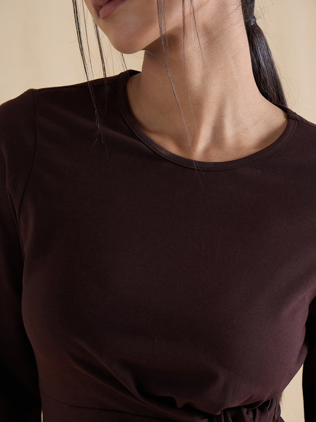 Coffee Brown Cotton Knit Tie-Up Top