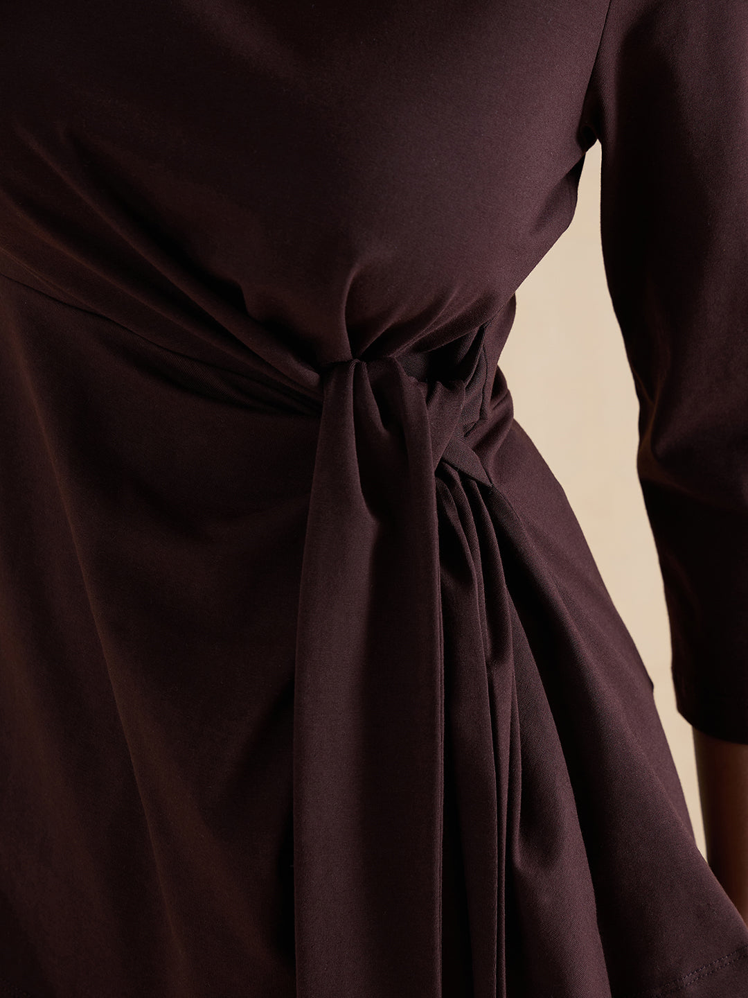 Coffee Brown Cotton Knit Tie-Up Top